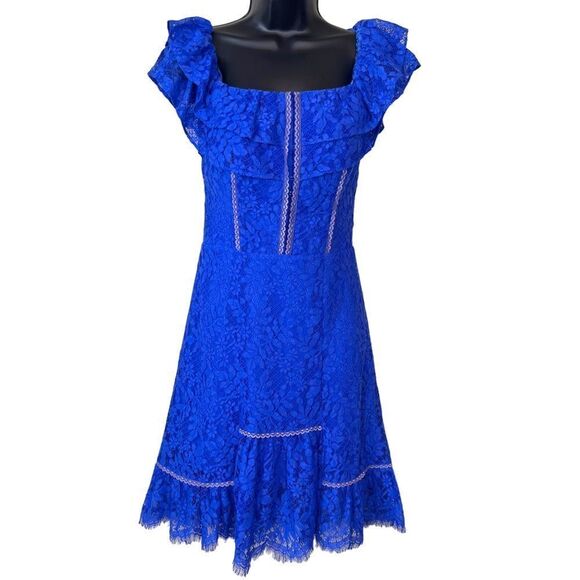 BEBE Cobalt Blue Lace CORSET Inspired Off the Shoulder DRESS - Picture 1 of 15